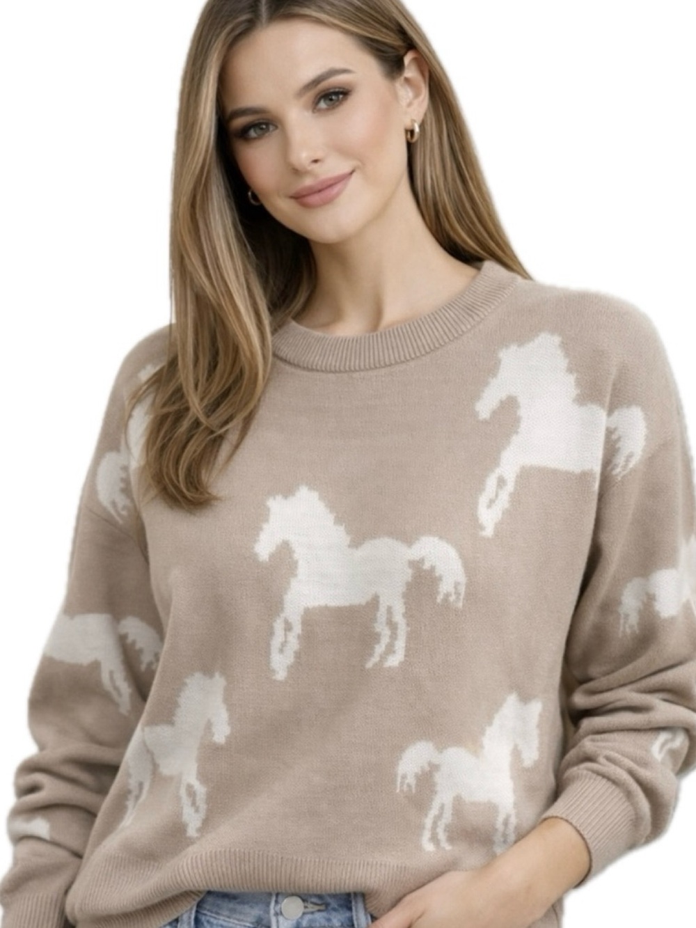 Jason Wu NWT Beige White Horse Intarsia Knit Sweater Medium